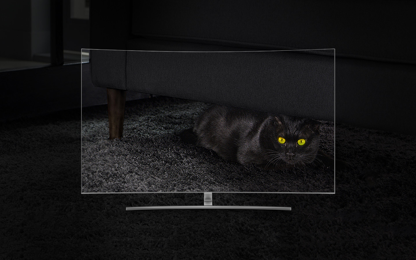 QLED TV Curved has been placed directly with front face and on its screen shows a black cat hiding in the dark under the sofa in the living room. The closer we go to 1500 nits, the more clearly we can see the cat although we could identify its eyes only at first.