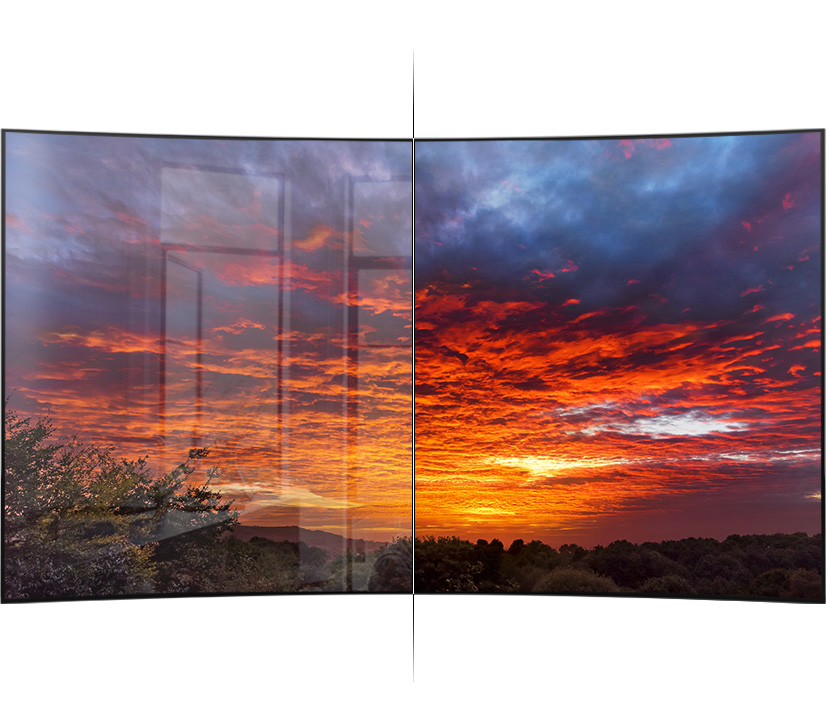 The front-placed TV has been divided in half. One side shows an image of vivid and bright sunsets by absorbing light even though another side displays an image of blurred sunsets by reflecting light.