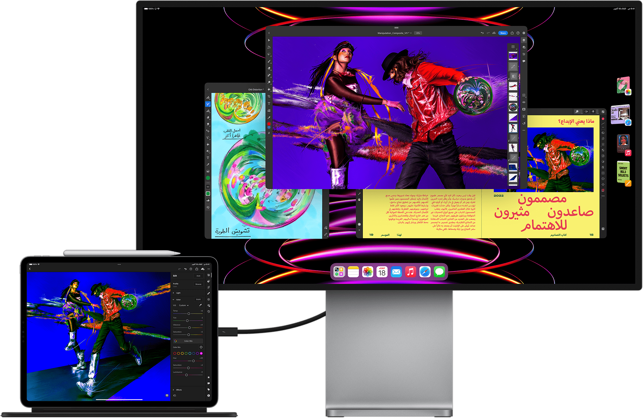 iPad Pro showing LumaFusion app connected to external display showing multitasking with Stage Manager.