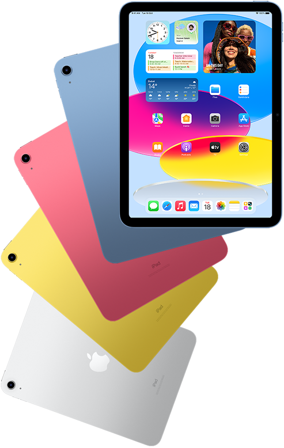 Front view iPad shows home screen with blue, pink, yellow, and silver rear facing iPads behind it.
