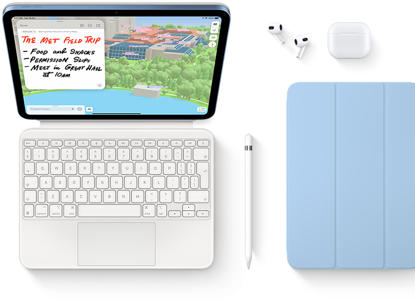 iPad, Magic Keyboard Folio, Apple Pencil, AirPods, and Smart Folio are shown.