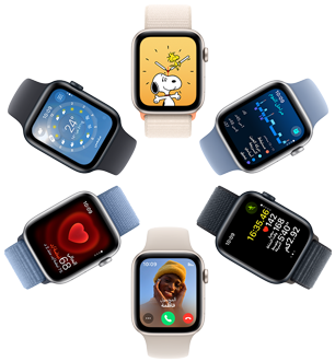 صورة علوية لست شاشات من ساعة Apple Watch SE تعرض‏ خلفية الشاشة Snoopy، وبيانات تطبيق النوم، وقياسات تطبيق التمرين، ومكالمة واردة، ونبض القلب، وتطبيق الطقس.