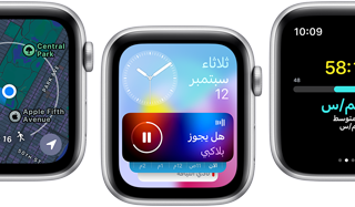صورة أمامية لشاشات ساعة Apple Watch SE تعرض شاشات لمجموعة متنوعة من التطبيقات المُحدّثة.‏