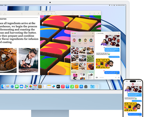 iMac next to an iPhone, showing Continuity feature by sharing a text conversation and photos between iPhone and iMac.