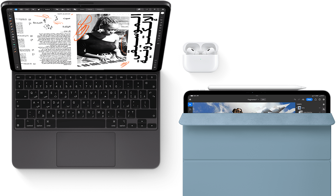 iPad Pro مع لوحة مفاتيح ماجيك وAirpods Pro. iPad آخر مع قلم Apple والمحفظة الذكية