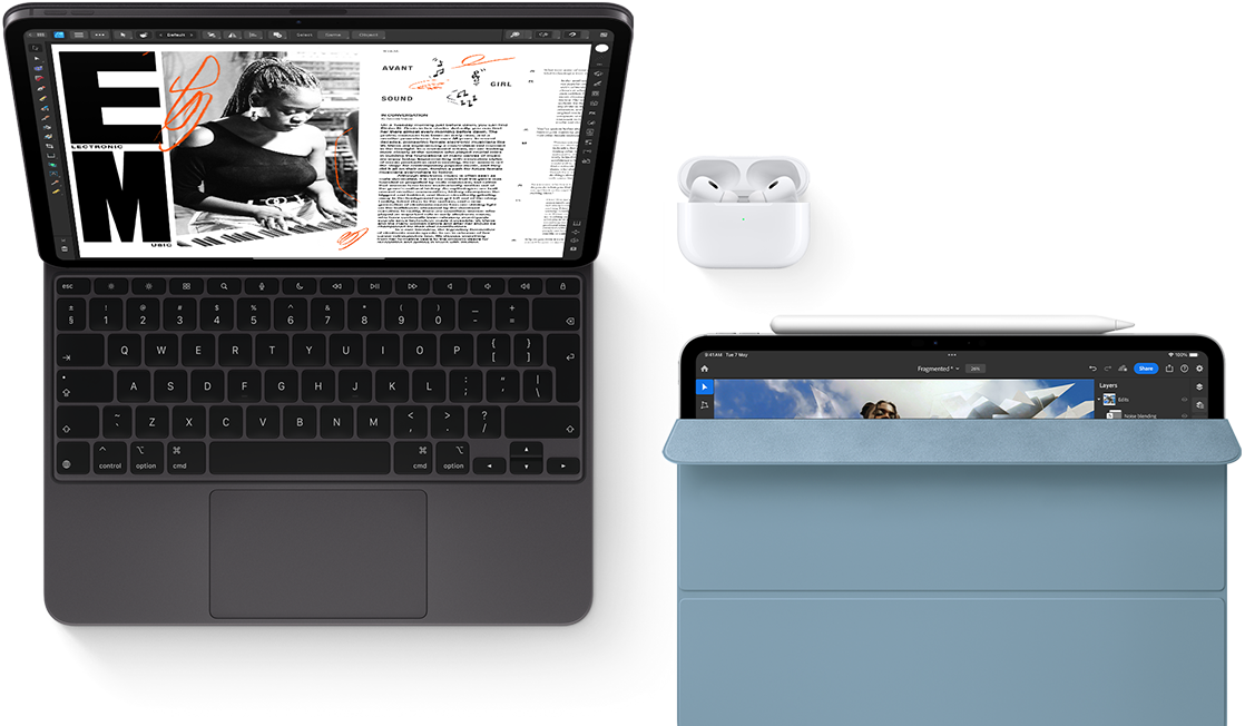 iPad Pro with Magic Keyboard, Airpods Pro. Another iPad with Apple Pencil and Smart Folio