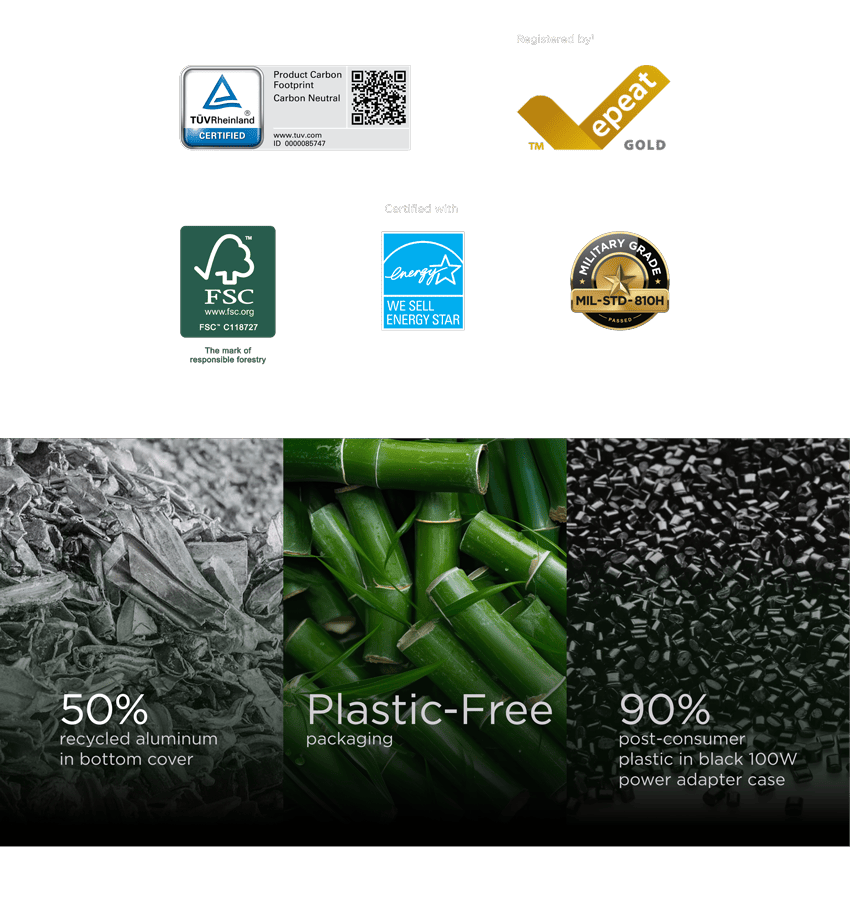 Recycled aluminium bottom cover, plastic-free packaging and 90% post-consumer plastic power adapter case.