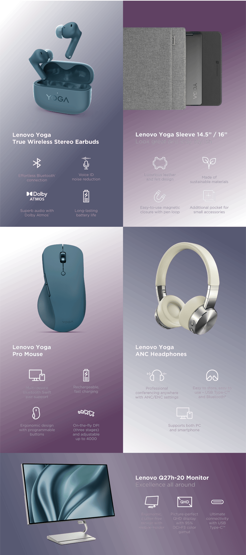 Lenovo YOGA Ecosystem. YOGA TWS Earbuds | YOGA Sleeve | YOGA Pro Mouse | YOGA ANC Headphones | Lenovo Q27 Monitor