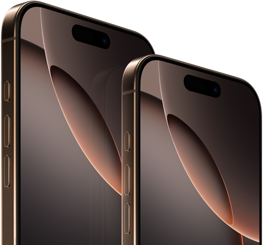 يُعرض الجانب الخارجي الأمامي لجهازي iPhone 16 Pro Max مقاس 6.9 إنش وiPhone 16 Pro مقاس 6.3 إنش مع زر الإجراءات، وزري ضبط مستوى الصوت، وميزة Dynamic Island تتوسط الجانب العلوي للشاشة