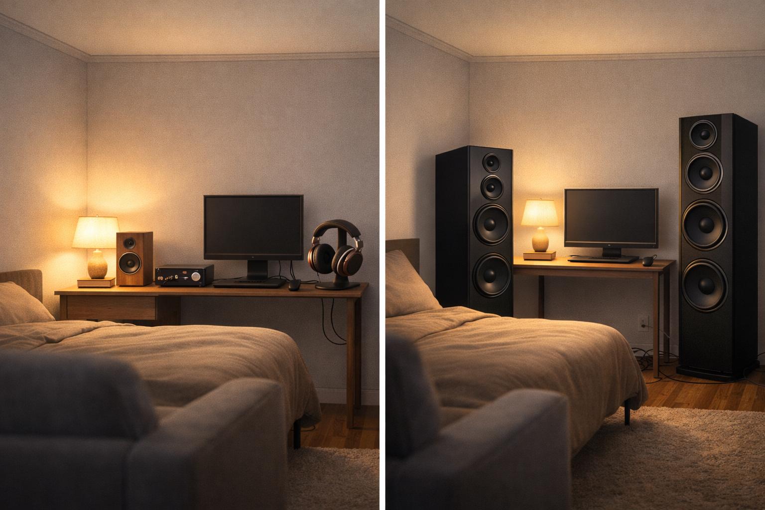 Room size comparison — correct small-room setup vs oversized speakers