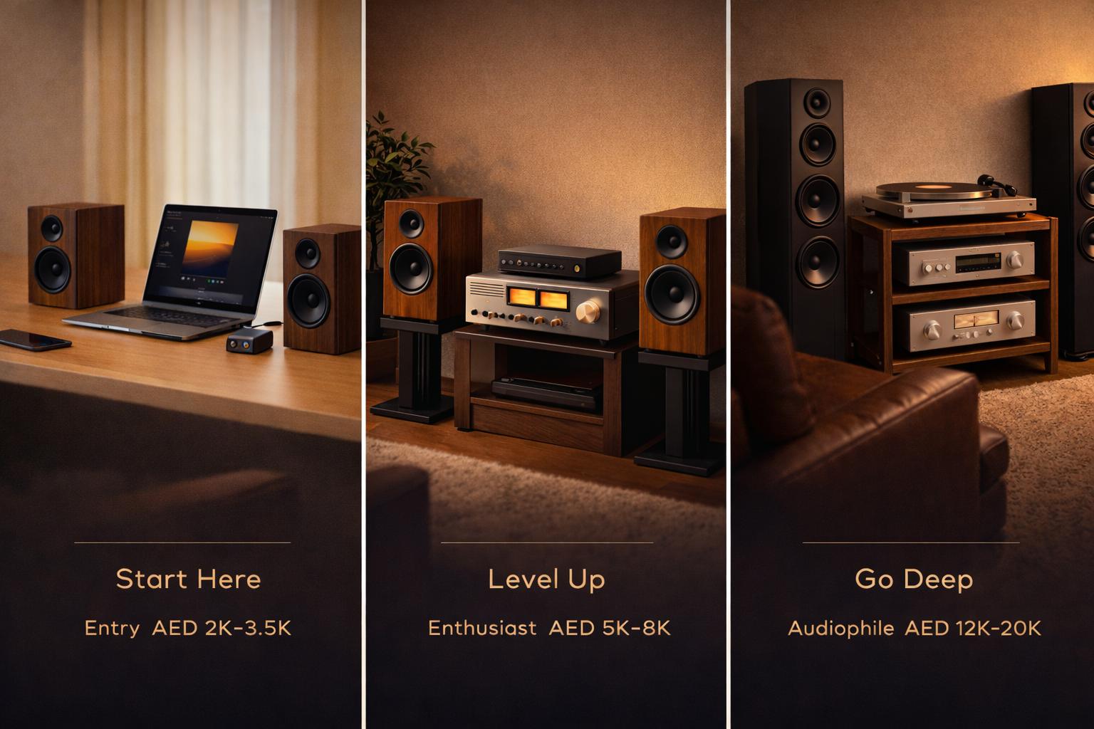 Three hi-fi systems — entry, enthusiast, and audiophile setups