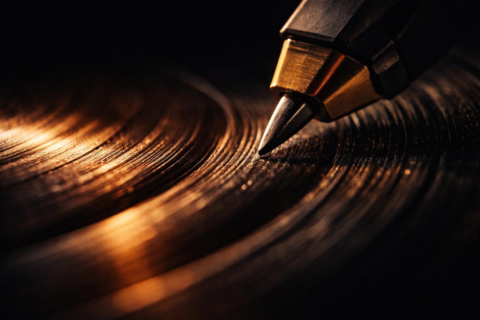 Macro close-up of vinyl record grooves