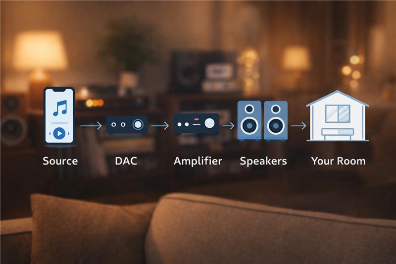 Beginner desktop audio setup with laptop, DAC and headphones